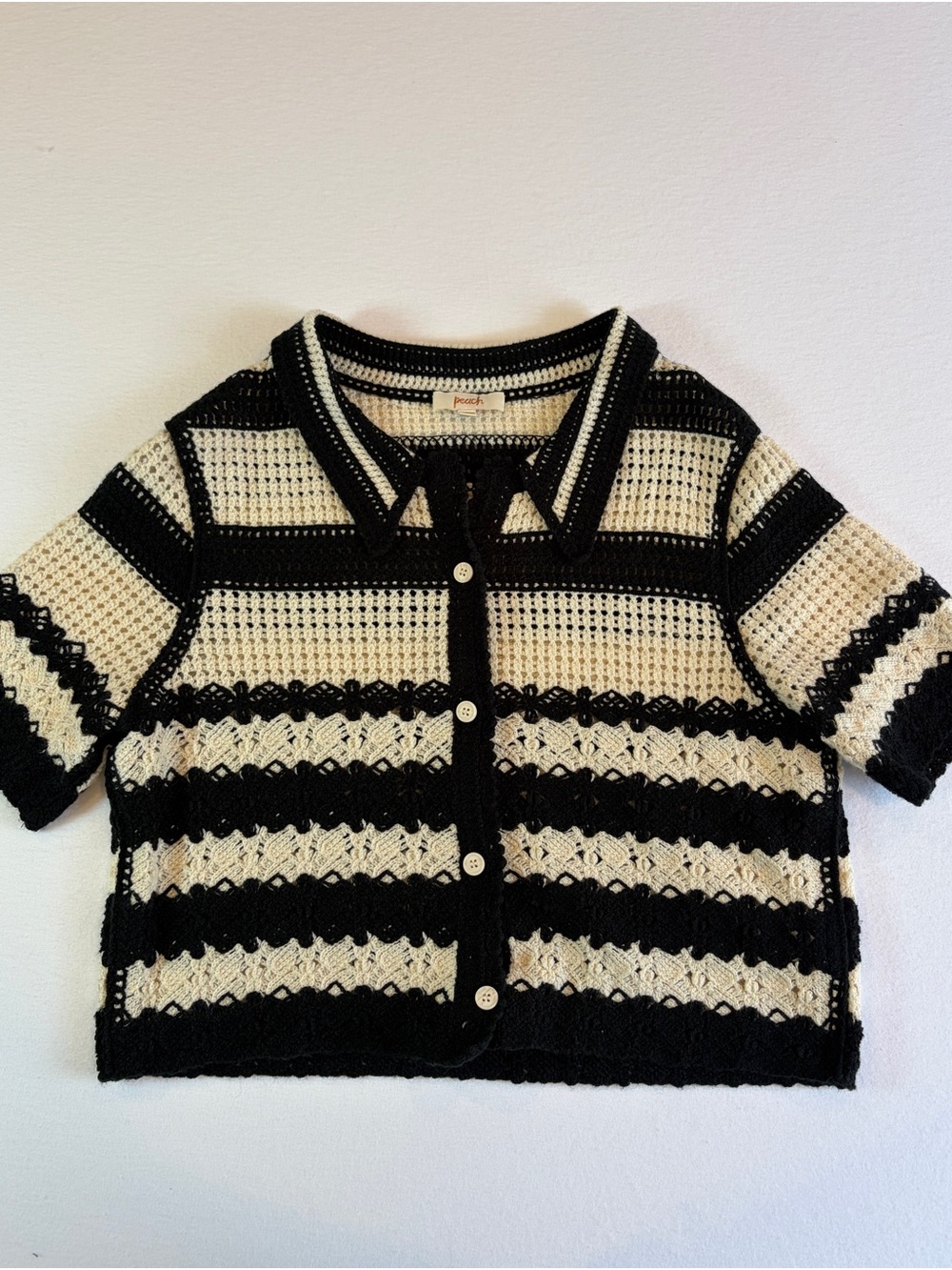 Peach Striped Crochet Knit Polo Top